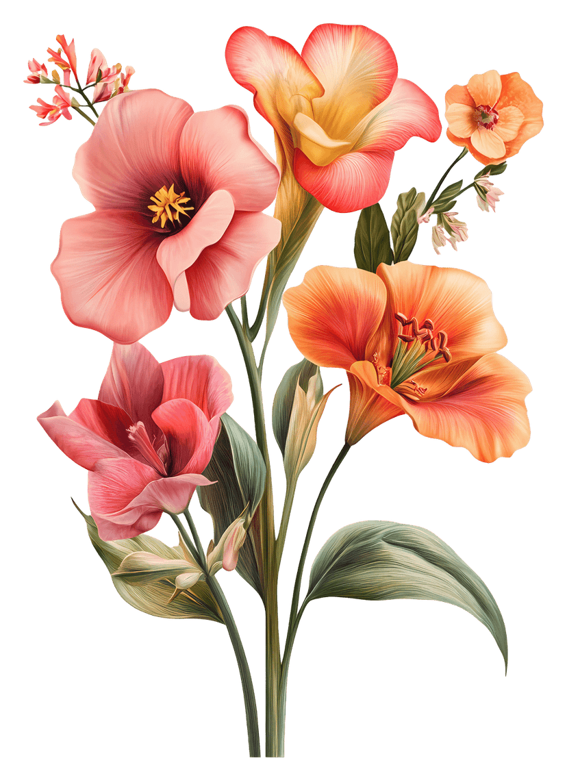 Autumn flower bouquet with orange blossoms, red petals, and green leaves isolated on a transparent background.