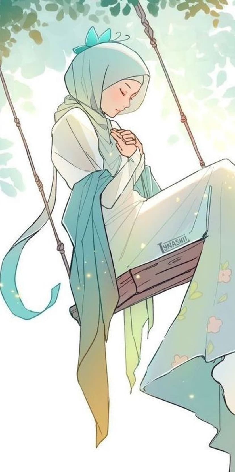 Serene Anime Girl in Hijab on a Swing Mobile Wallpaper