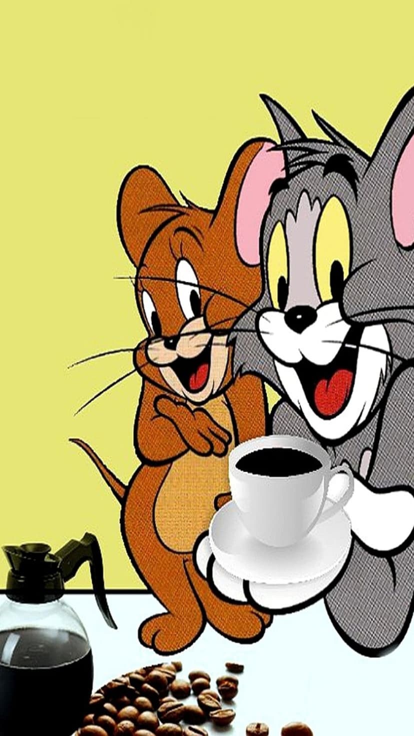 Tom and Jerry sit beside a steaming coffee cup, metallic pot, and roasted beans against a yellow background.
