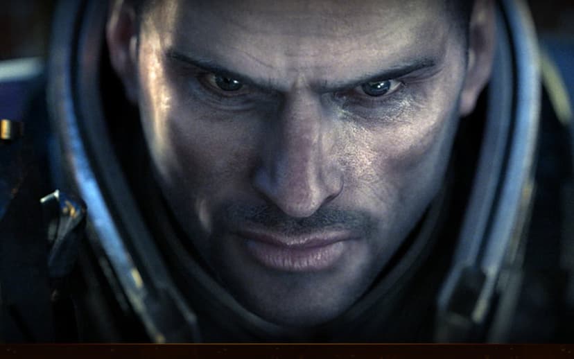 Intense close-up of a soldier in blue power armor with sharp eyes, gritty skin texture, and dramatic lighting.