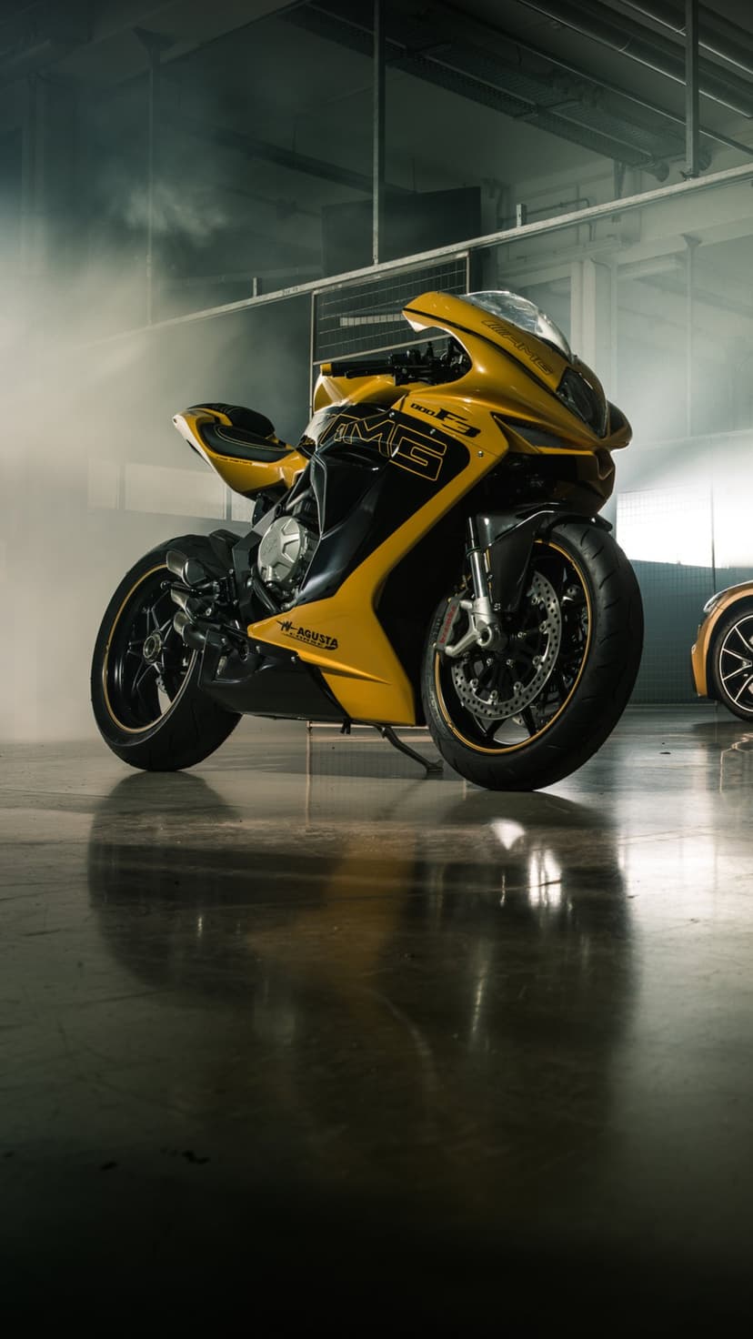 Yellow MV Agusta F3 AMG sportbike in a misty industrial studio with reflections on a polished concrete floor.