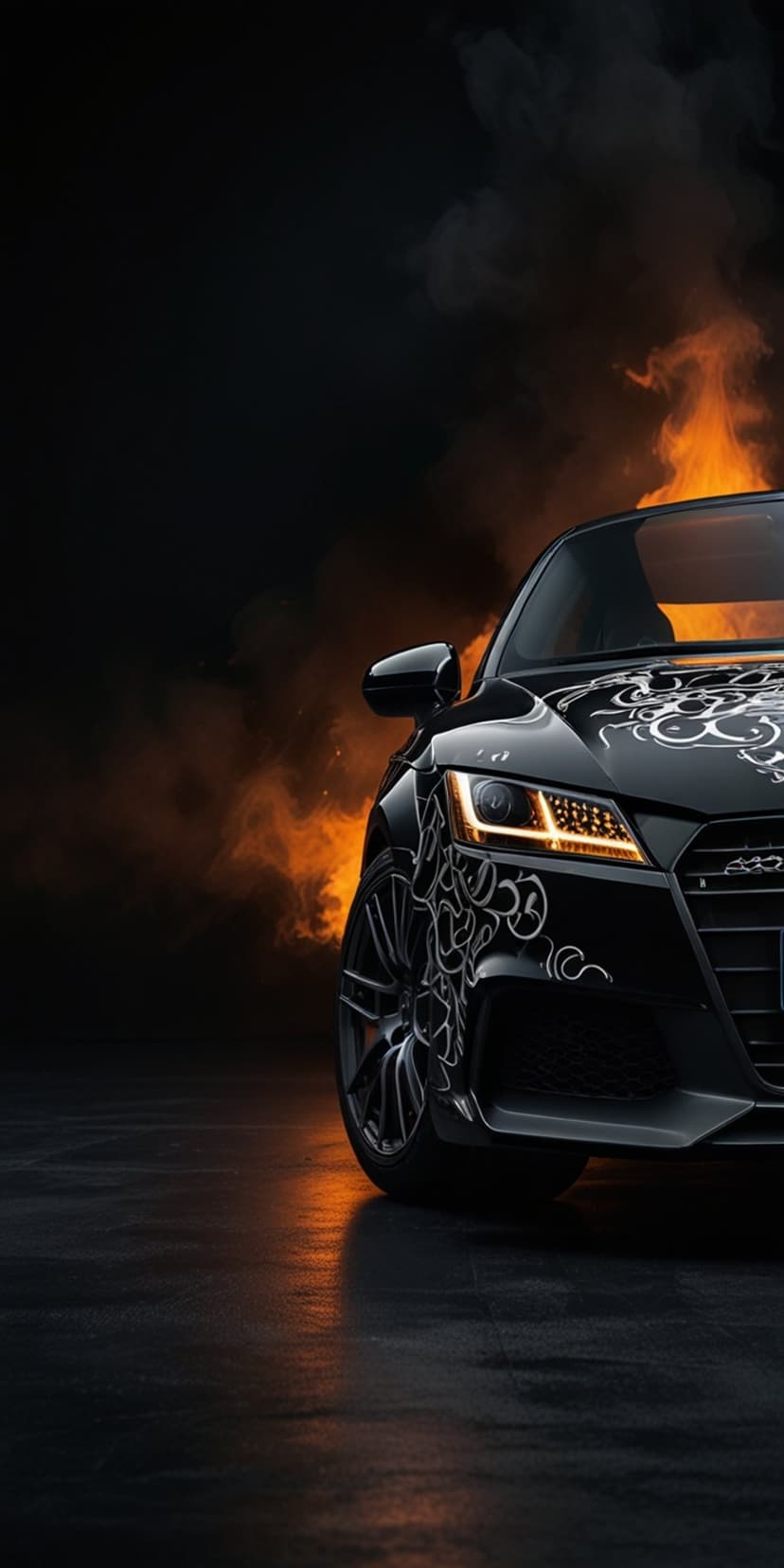 Black Audi TT sports car with white decals surrounded by orange smoke and flames on a dark reflective floor.
