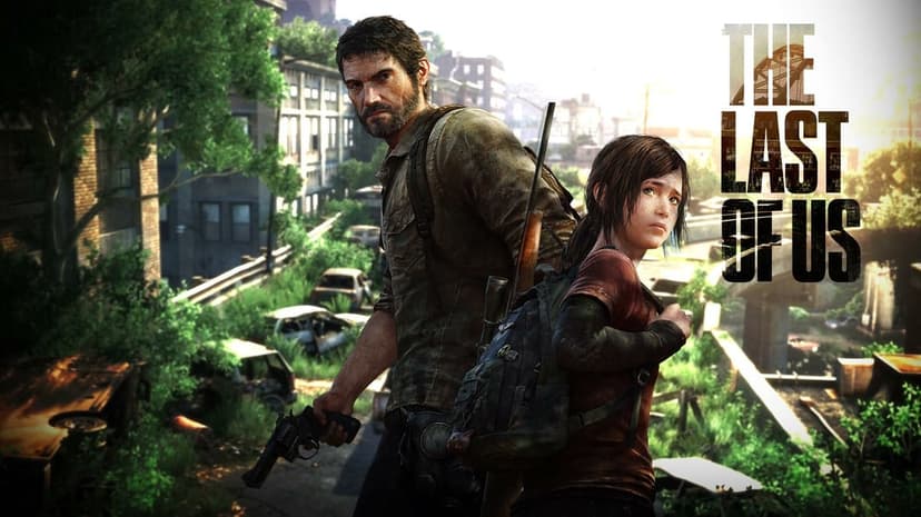 Joel and Ellie stand amidst overgrown city ruins with abandoned cars and bright sunlight in the background.