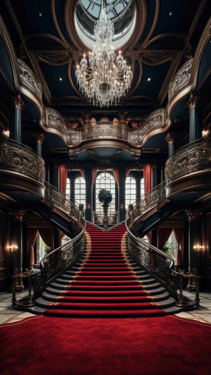Ornate red carpet staircase with gold railings ascends toward a glowing crystal chandelier in a luxury hall.