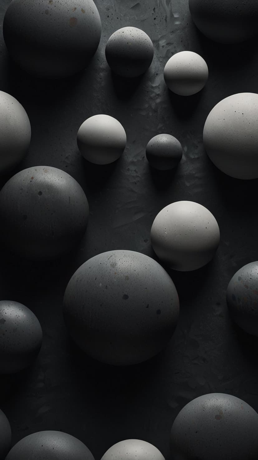 Grayscale spheres in various sizes rest on a black textured surface with soft shadows and side lighting.