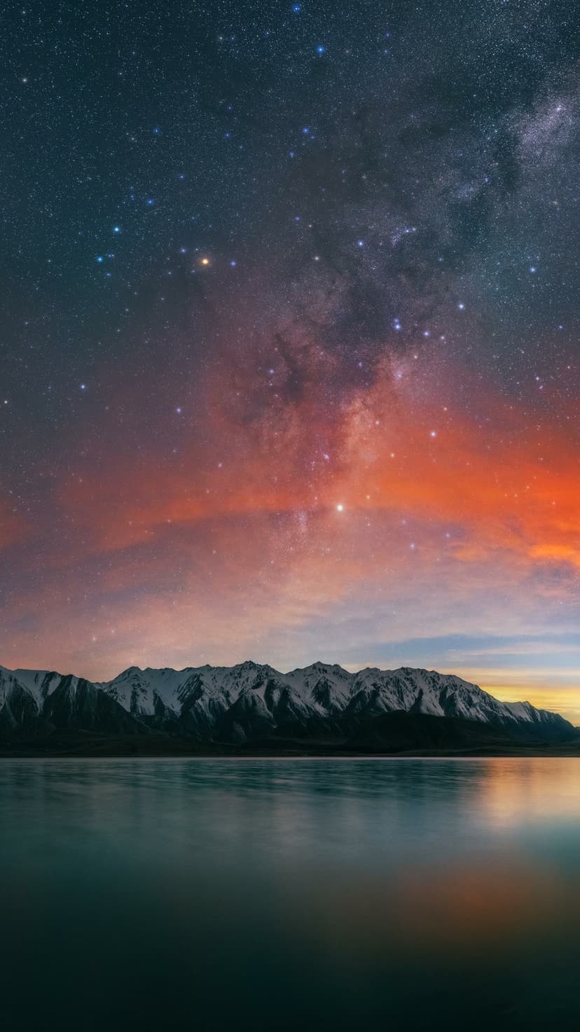 Milky Way galaxy and stars shining over snow-capped mountains reflected in a calm lake during twilight.