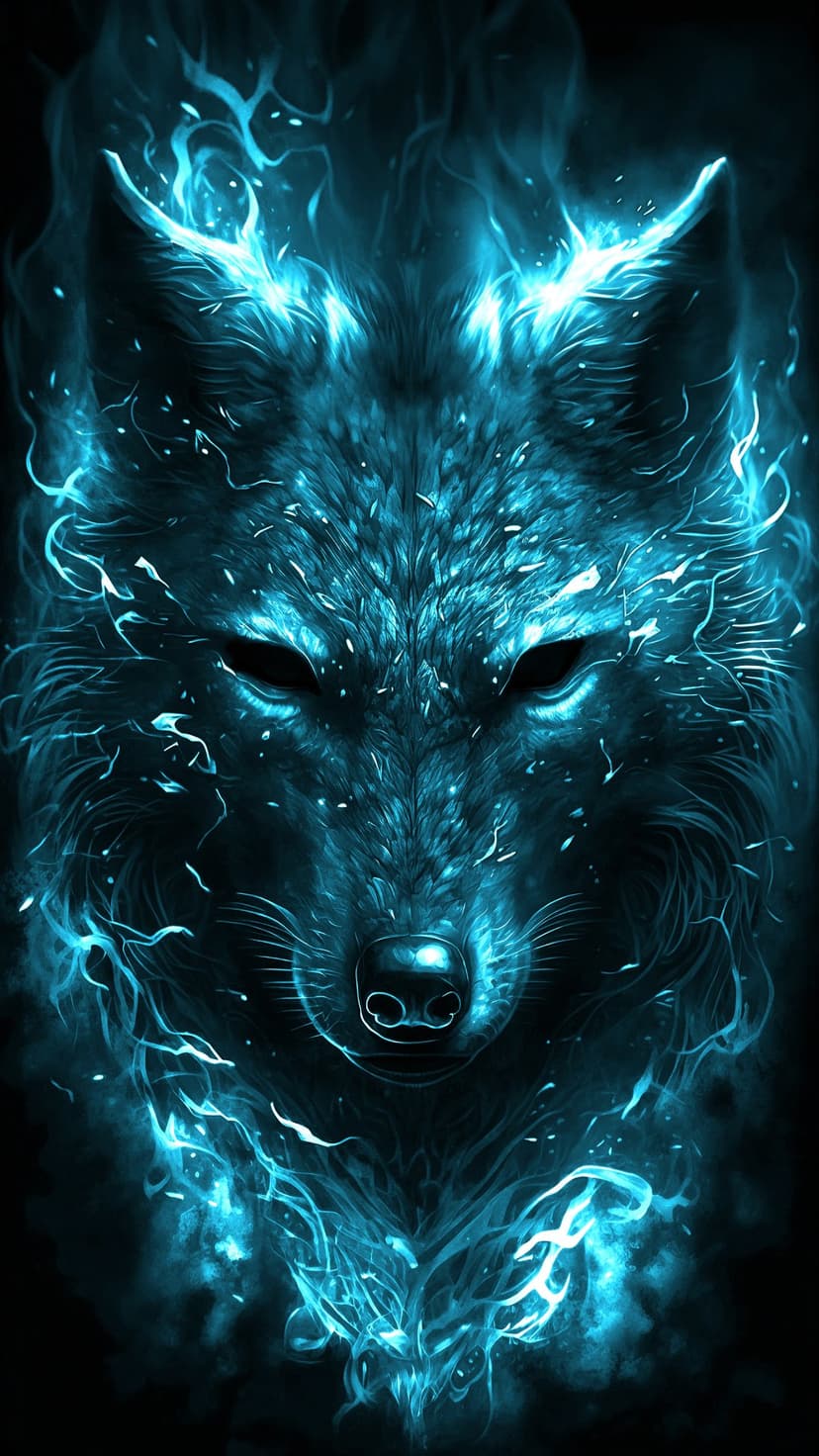 Wolf head surrounded by electric blue fire and glowing particles with dark eyes and detailed fur textures.