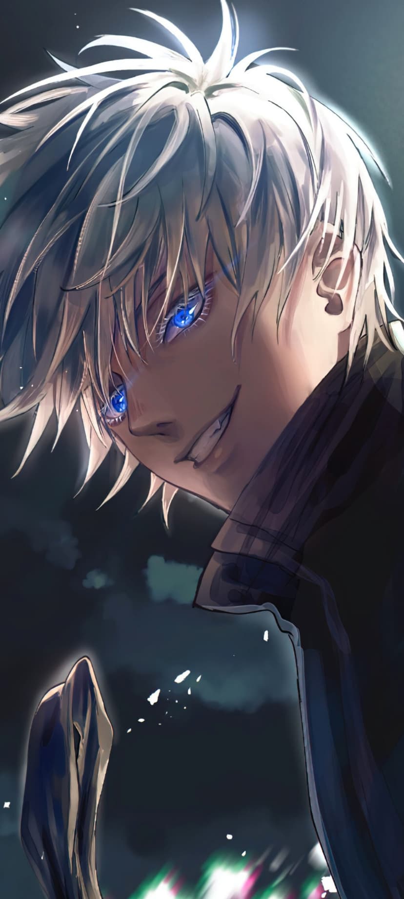 Gojo Satoru with white hair and bright blue eyes smiles against a dark background with neon pink and green light.