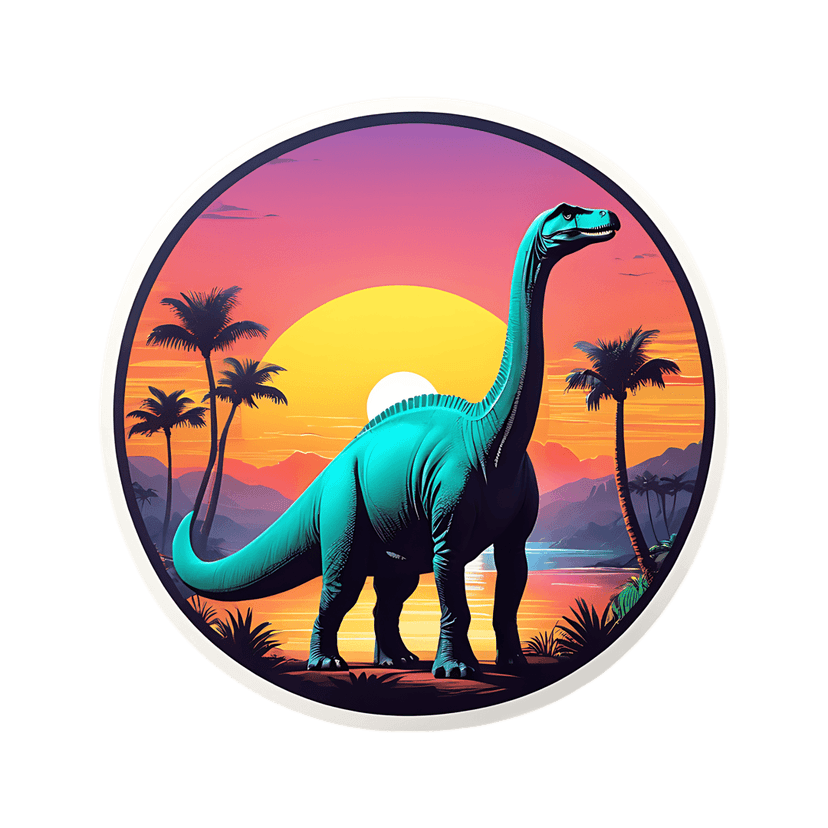 Teal brontosaurus silhouette stands before a tropical sunset with purple clouds, yellow sun, and palm trees.
