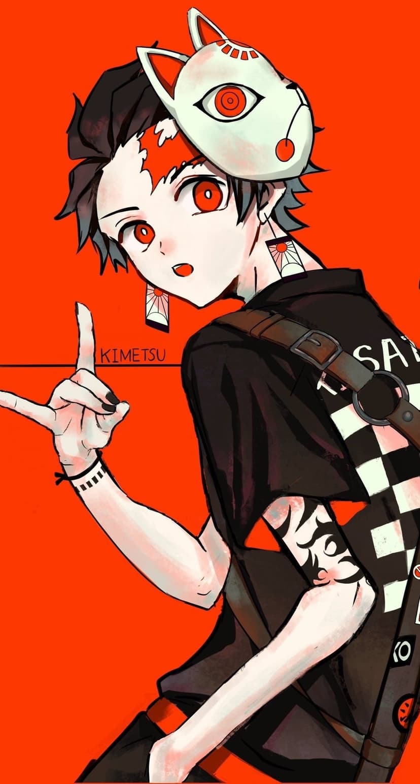 Anime boy with red eyes and a white fox mask wears a tactical harness against a bright orange background.