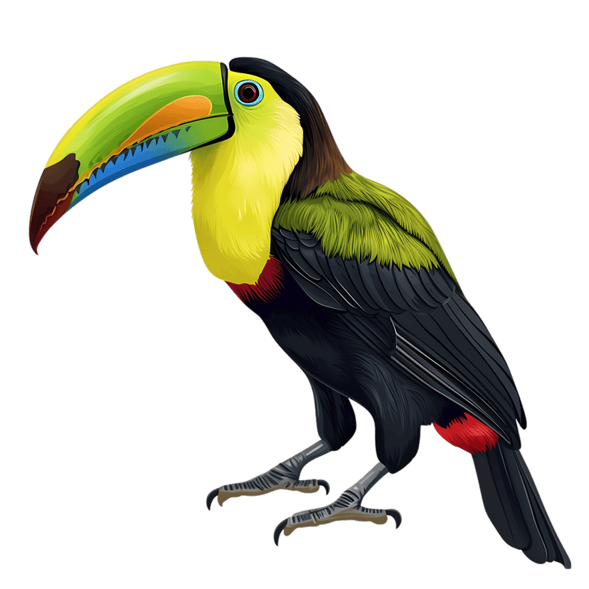 Keel-billed toucan illustration showing a multi-colored beak and yellow chest against a solid black background.
