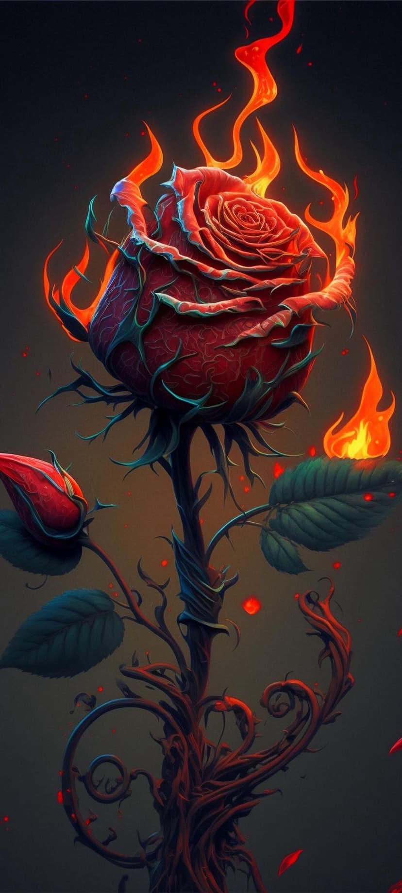 Red rose petals ignite in orange flames among thorny vines and glowing embers against a dark backdrop.