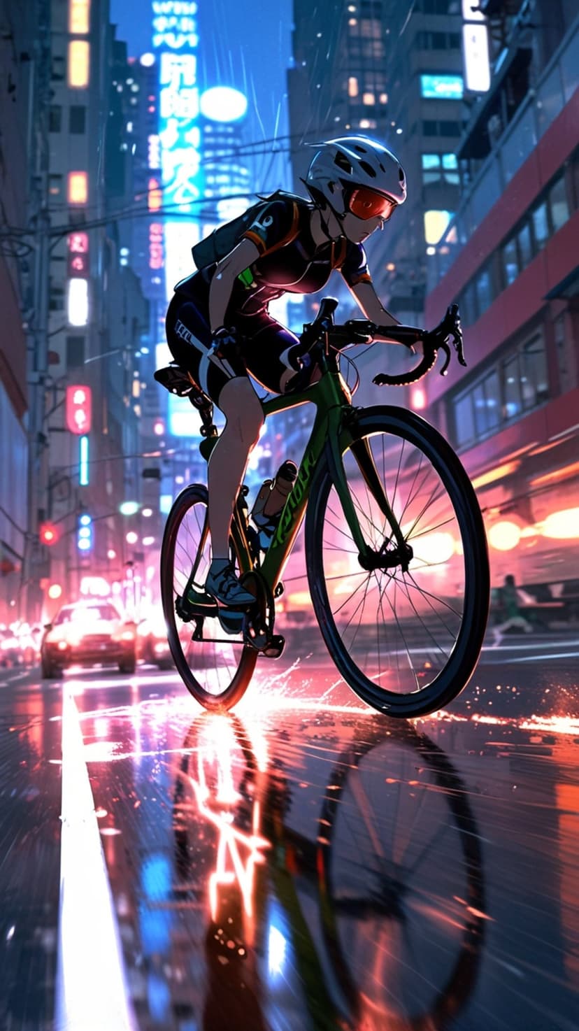 Cyclist in aerodynamic gear speeds through a rain-drenched neon city street with blurred futuristic skyscrapers.