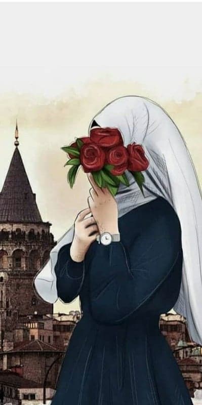 Woman in Hijab with Roses in Front of Galata Tower