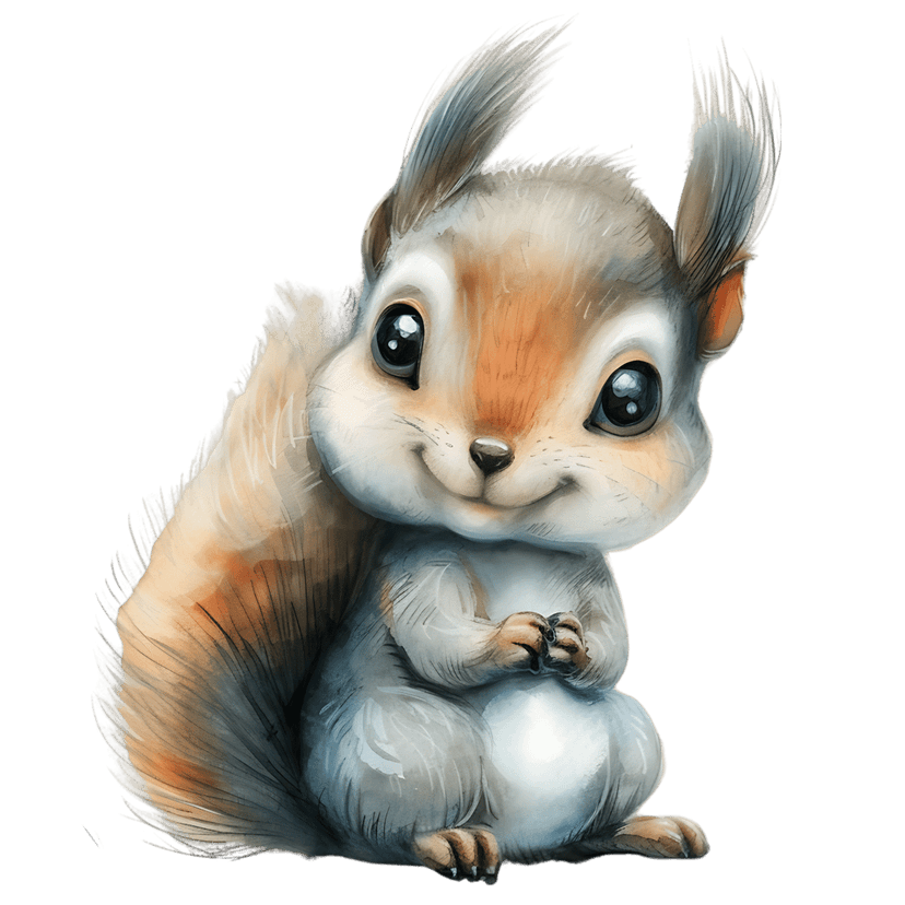 Baby squirrel watercolor illustration features orange fur, large dark eyes, and a bushy tail in a sitting pose.