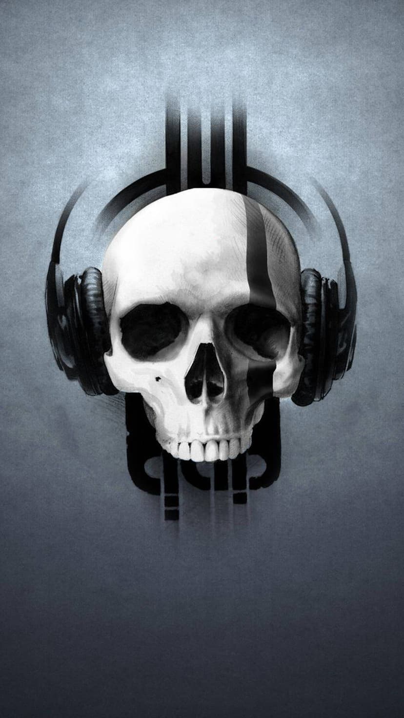 Human skull wearing audio headphones with a dark vertical forehead stripe against a mottled gray backdrop.