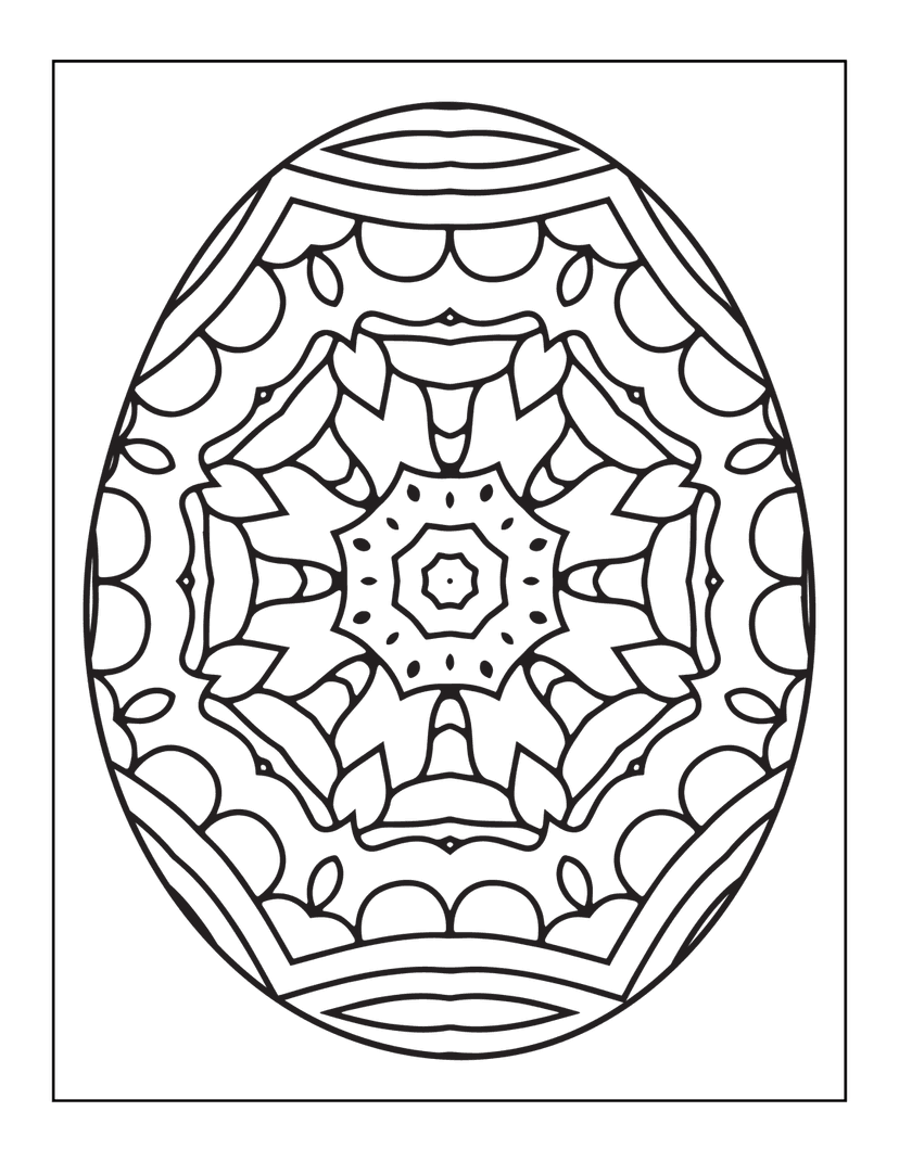 Easter egg mandala illustration with intricate black and white floral patterns and symmetrical geometric linework.