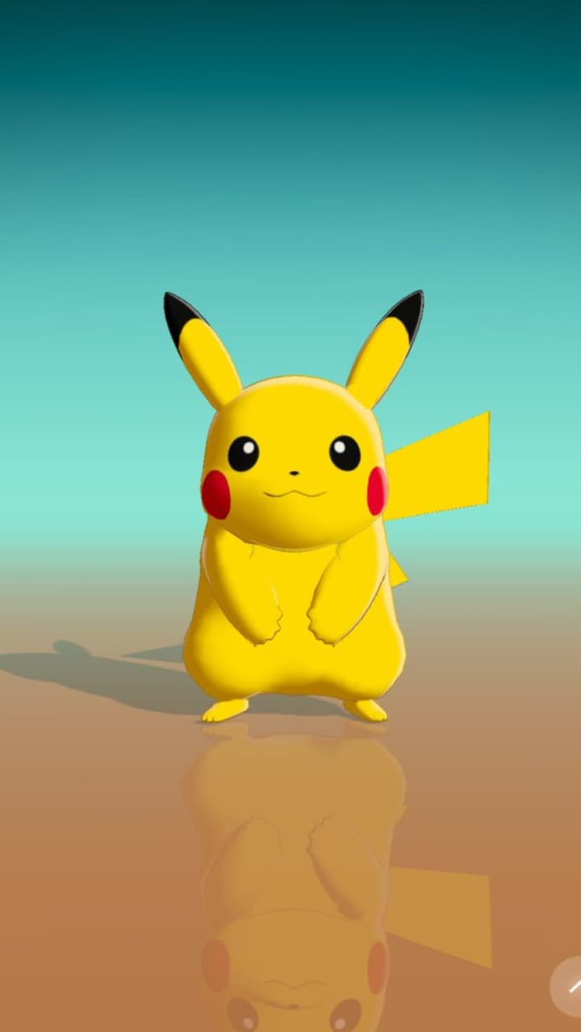 Pikachu stands on a glossy reflective surface against a teal and orange gradient background with soft lighting.