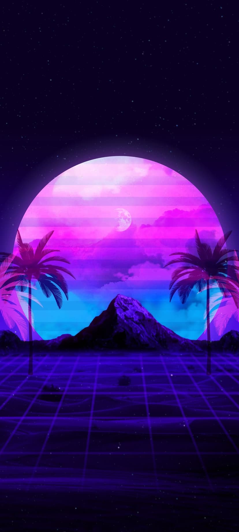 Neon moon glows behind silhouetted palm trees and a luminous purple grid floor within a mountainous landscape.