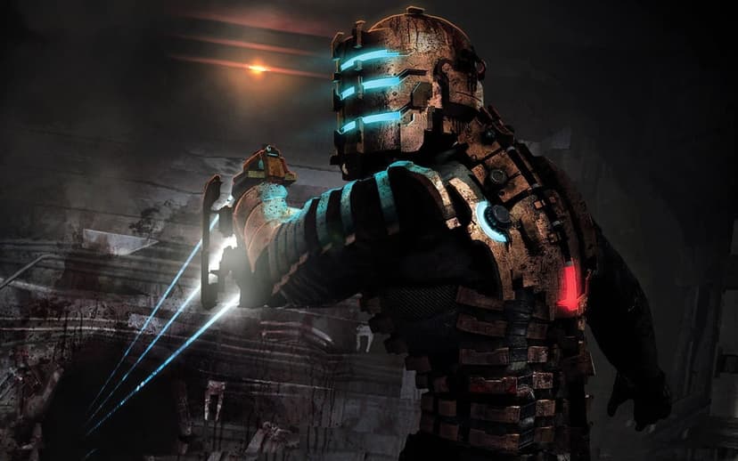 Isaac Clarke in rusted metal armor points a plasma cutter with blue lasers in a dark spaceship hallway.