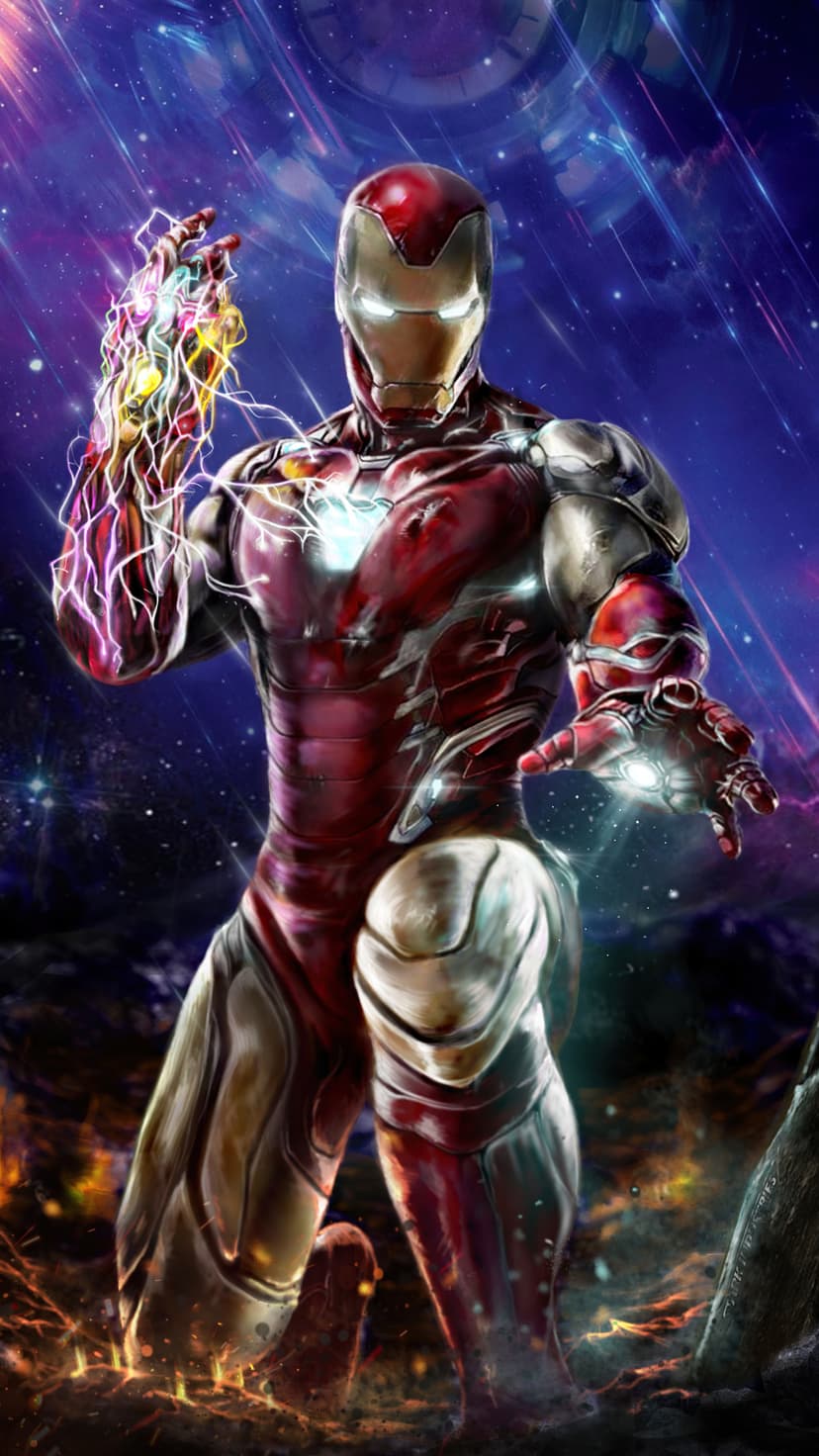 Iron Man wearing mechanical armor glows with Infinity Stone energy against a backdrop of swirling purple nebulae.