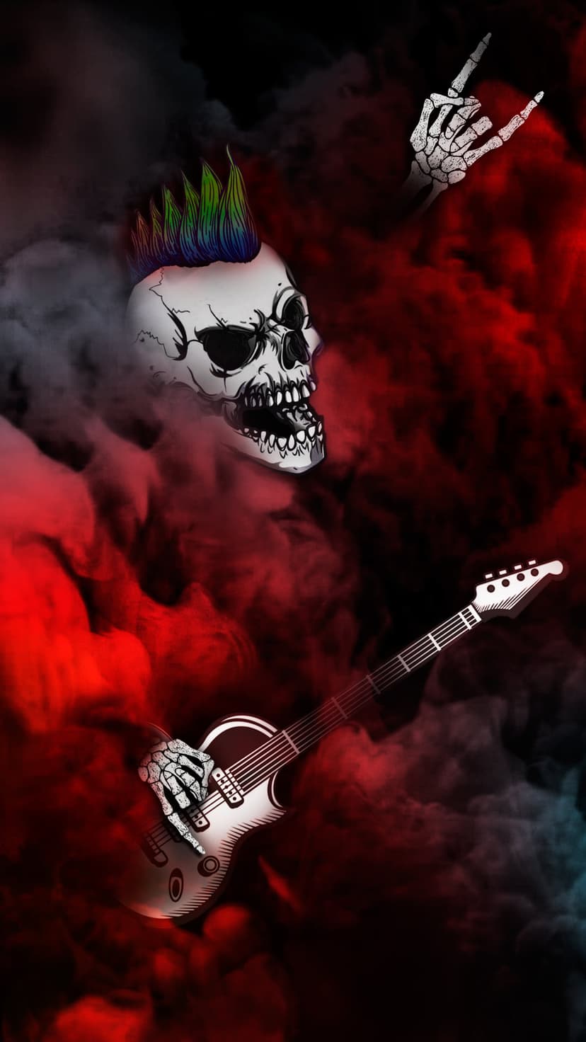 Undead guitarist with a multicolored mohawk plays a white electric guitar surrounded by red and black smoke.
