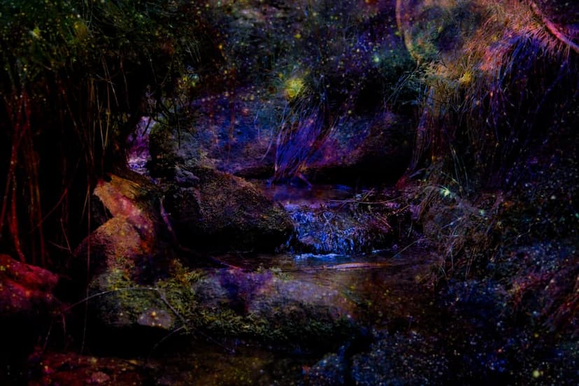 Luminous river winding through silhouetted trees under a vibrant pink and blue nebula filled with bright stars.