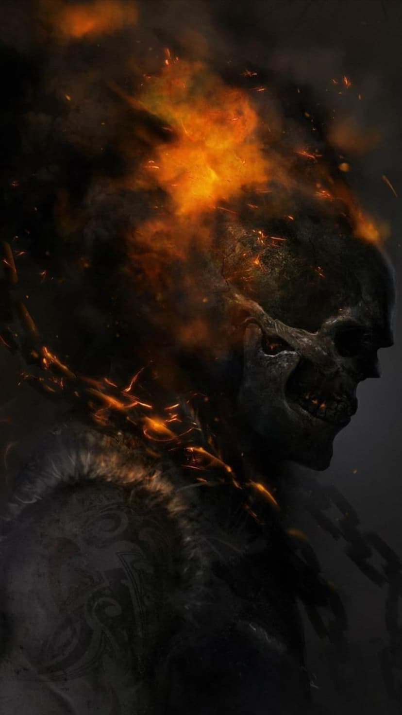 Skeletal head engulfed in orange flames with thick metallic chains weaving through dense black smoke clouds.