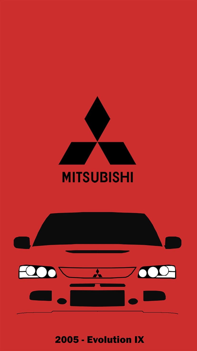 Mitsubishi Evolution IX front silhouette with a black logo and text centered on a solid vibrant red background.
