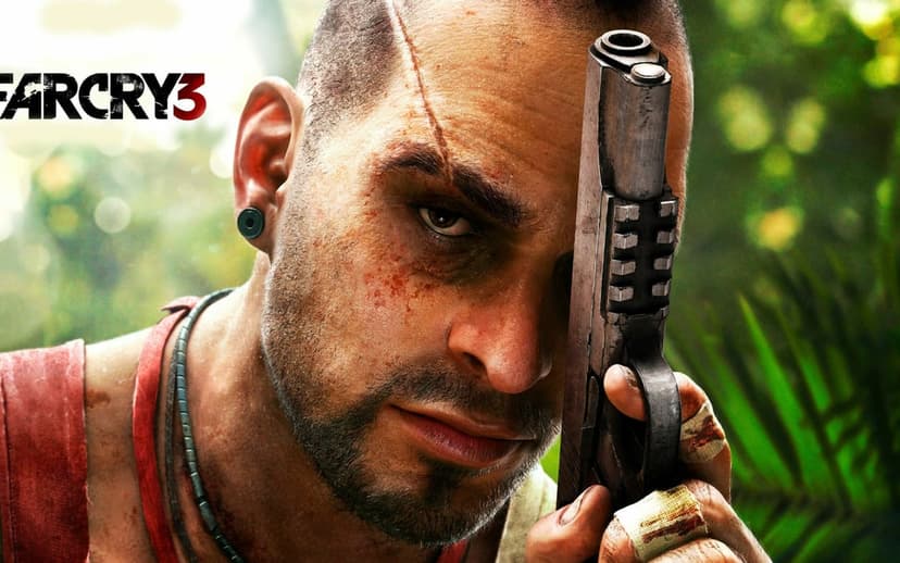 Close-up of Vaas Montenegro from Far Cry 3 holding a handgun against his face in a lush green jungle setting.