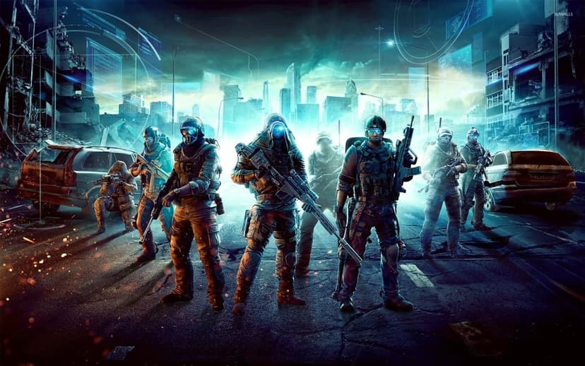 Tactical soldiers with glowing visors stand in a war-torn neon city with ruins and abandoned cars at night.