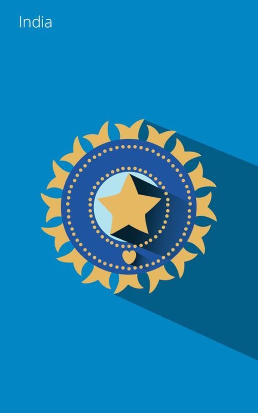 Gold Indian cricket crest with a central star and sunburst pattern centered on a solid blue phone backdrop.