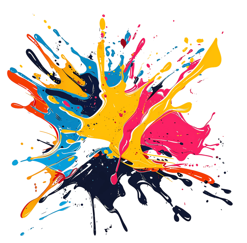 Multicolored paint splash PNG features vibrant acrylic droplets and an abstract splatter pattern on a flat surface.
