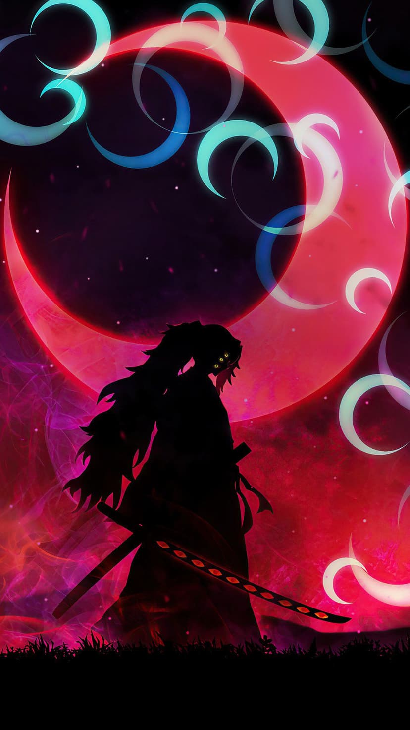 Samurai warrior silhouette with multiple eyes holding a katana against a red moon and purple cosmic energy.