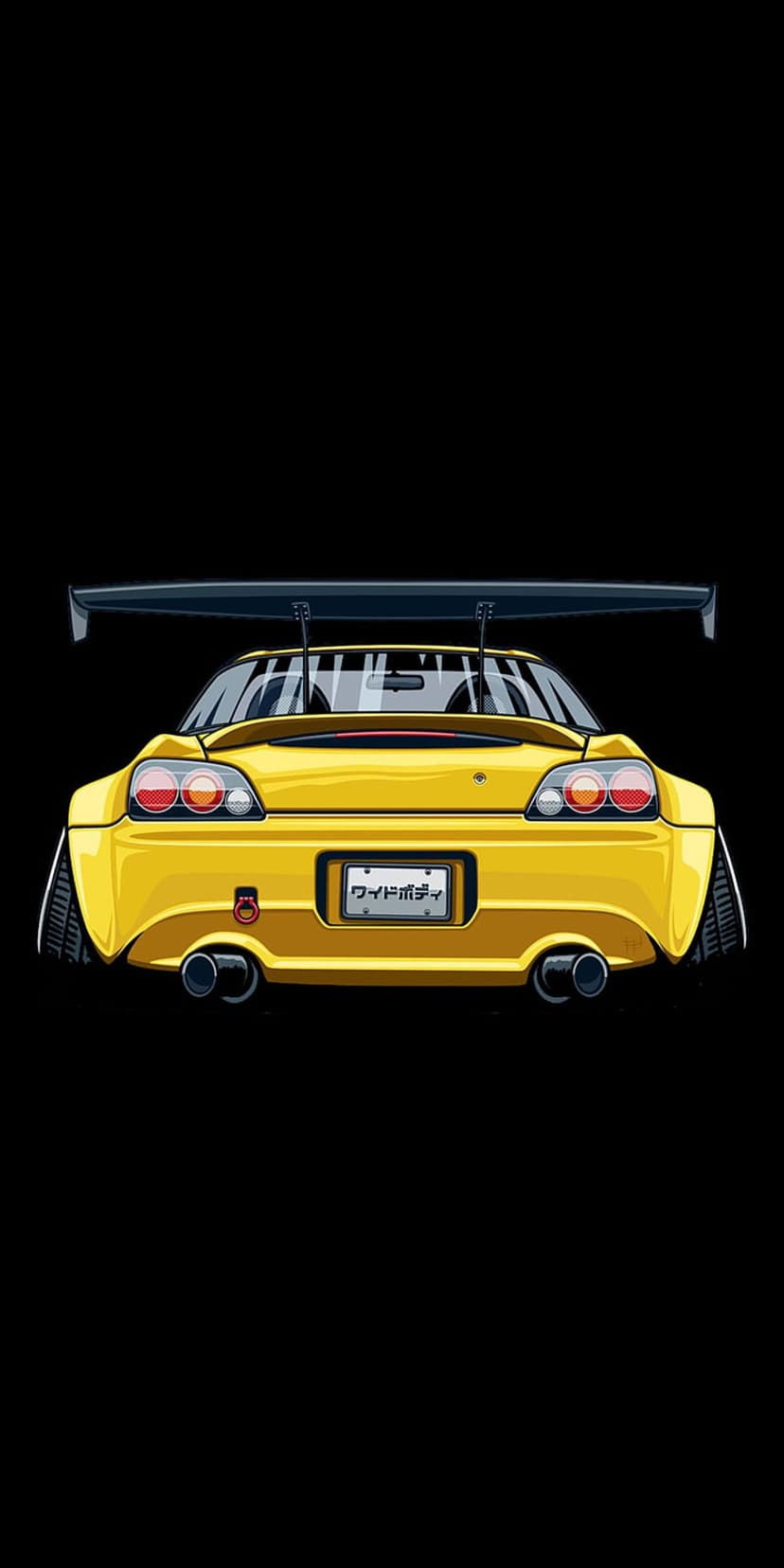 Yellow Toyota Supra MK4 rear view with a massive wing and twin exhausts against a solid black background.