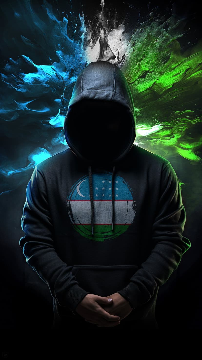 Person in a dark hoodie with an Uzbekistan flag logo standing before blue and green abstract paint splatters.
