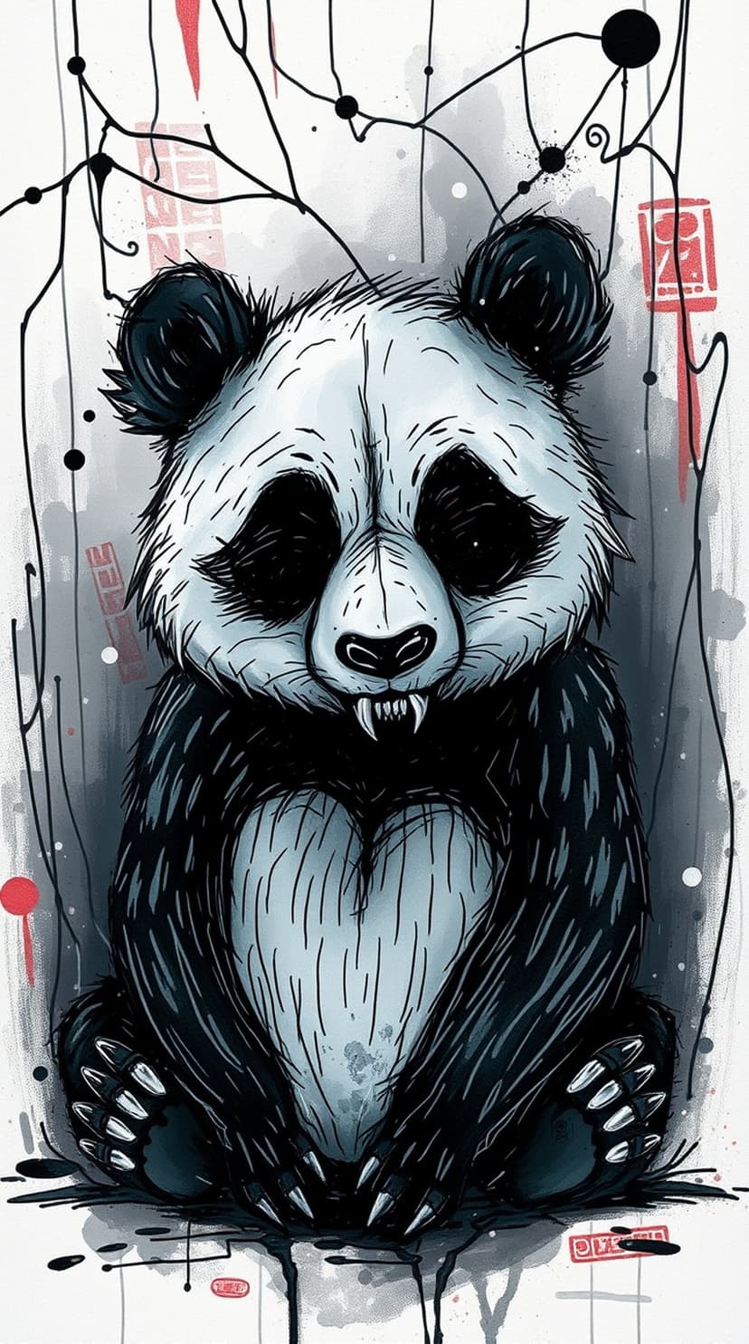 Panda with sharp teeth and a heart mark on its chest surrounded by black ink splatters and branch silhouettes.