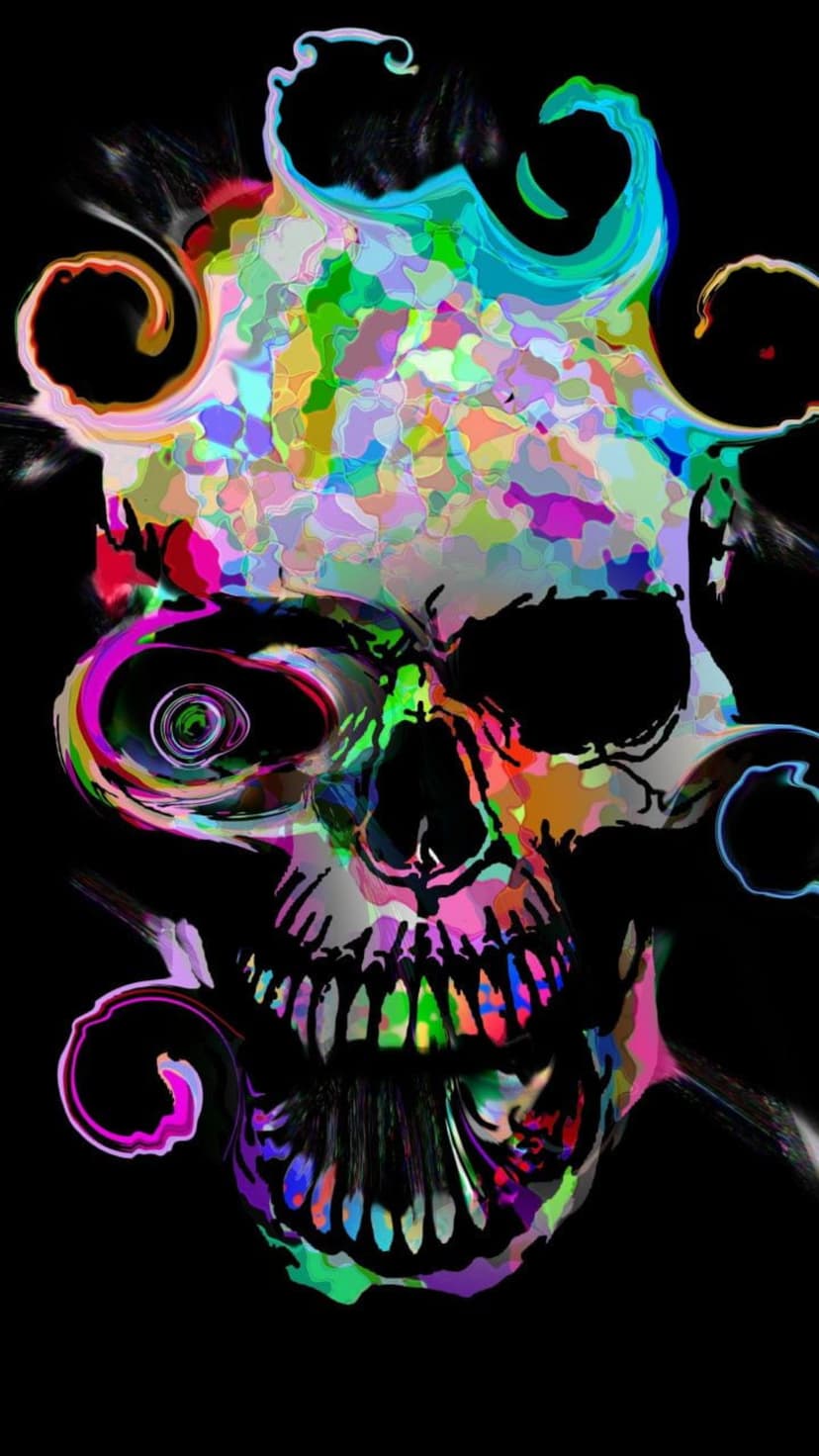 Skull featuring neon geometric mosaic patterns and glowing wisps of smoke against a deep black backdrop.