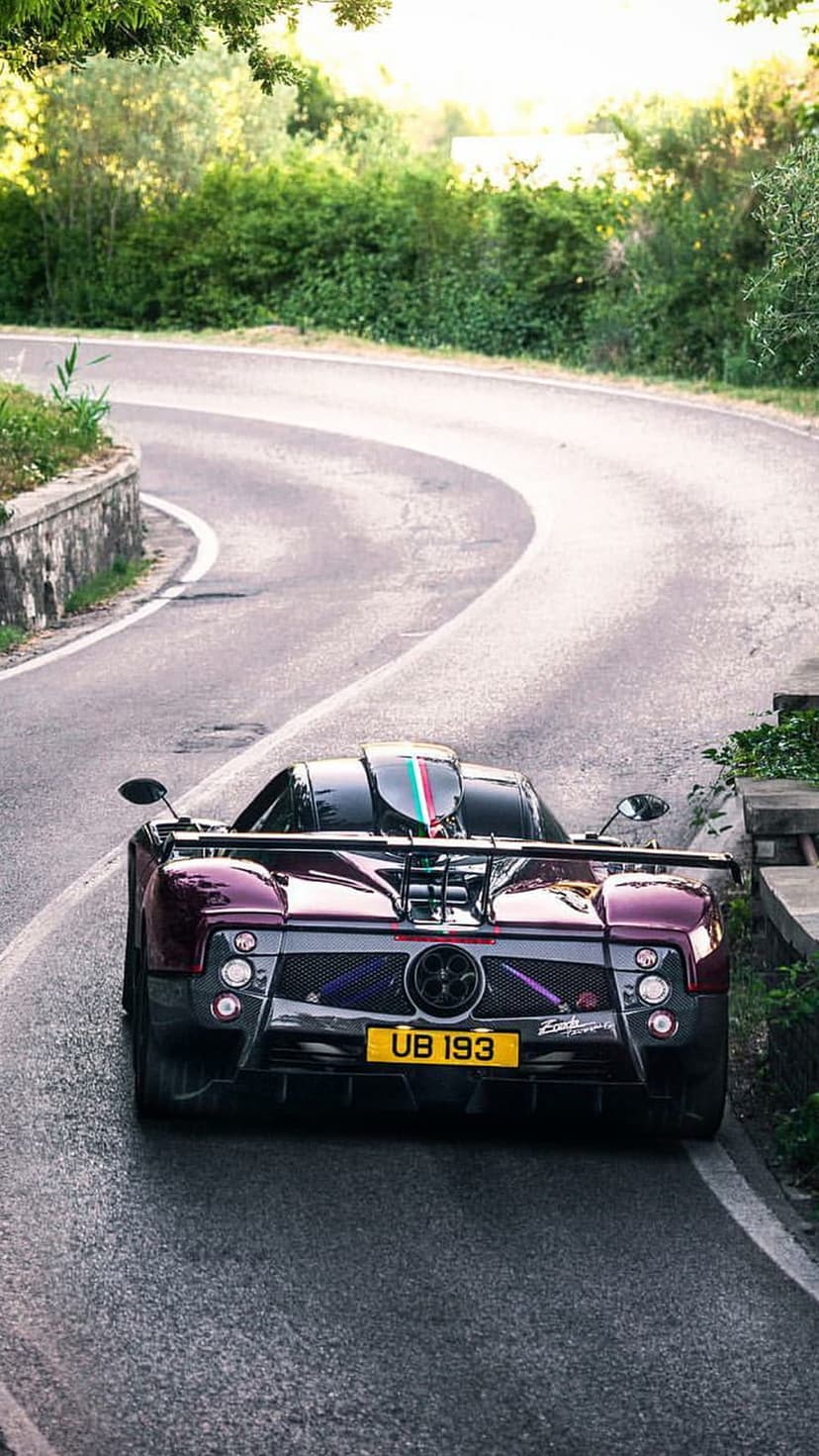 Purple supercar with a rear spoiler and yellow license plate UB 193 drives along a winding forest road.