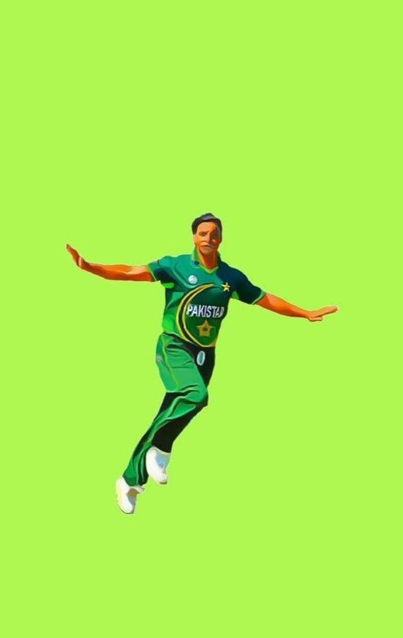 Wahab Riaz extends his arms in a bowling stride wearing a green Pakistan jersey against a lime background.