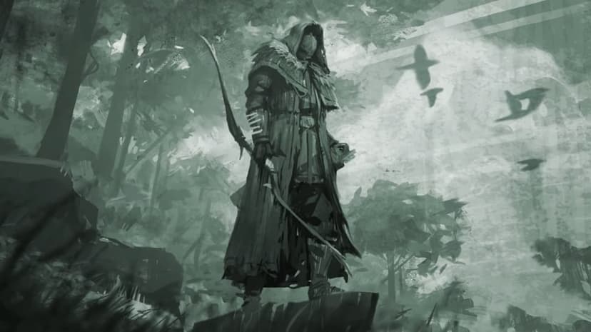 Hooded archer with a mask and large bow stands on a rock in a misty forest with birds in the background.