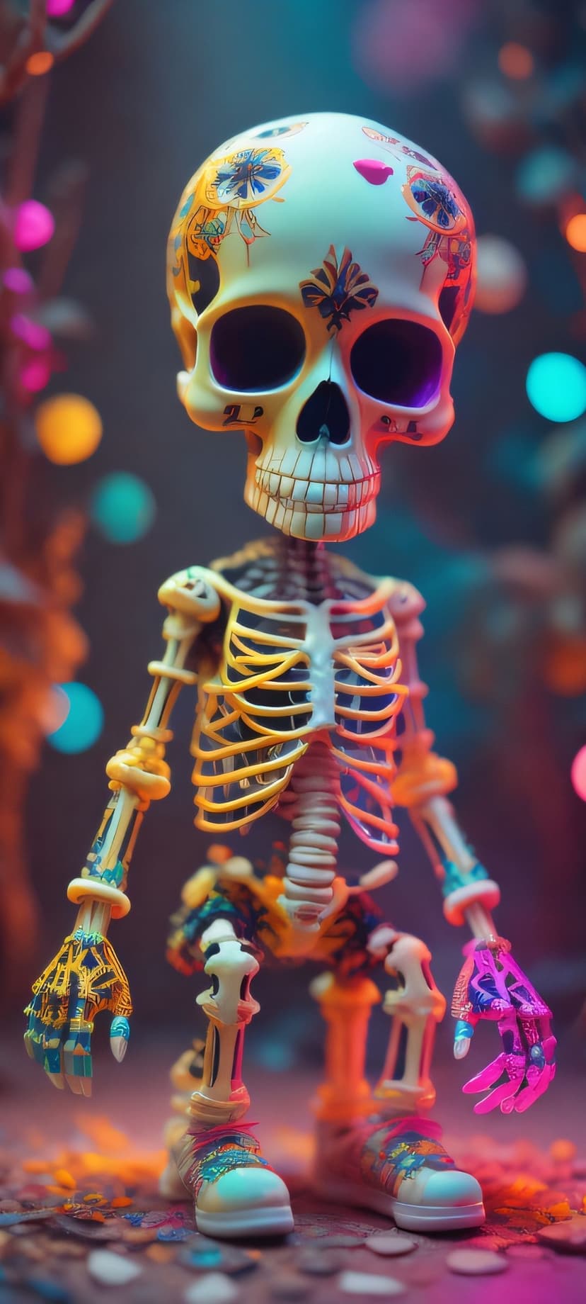 Decorated skeleton toy with floral skull patterns and sneakers against soft pink and blue bokeh lights.