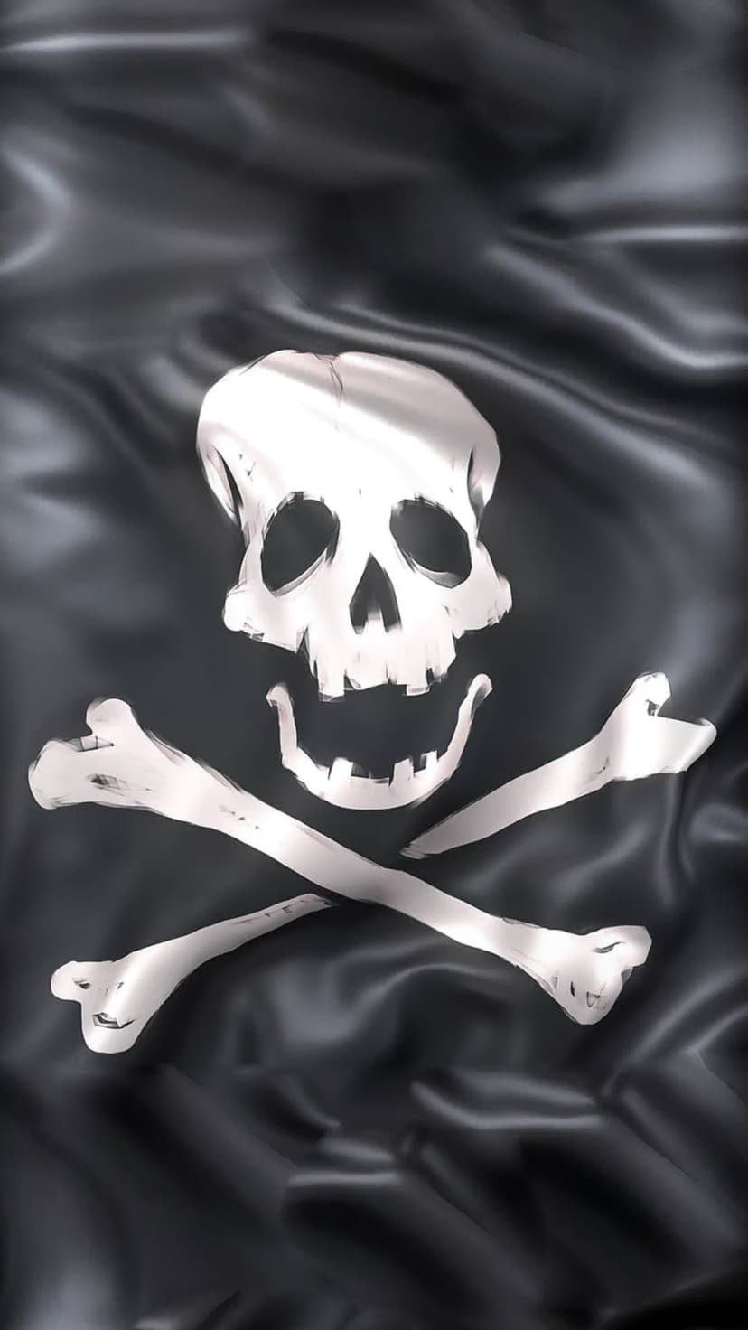 Skull and crossbones emblem on a rippling black satin pirate flag with deep shadows and high-contrast white details.