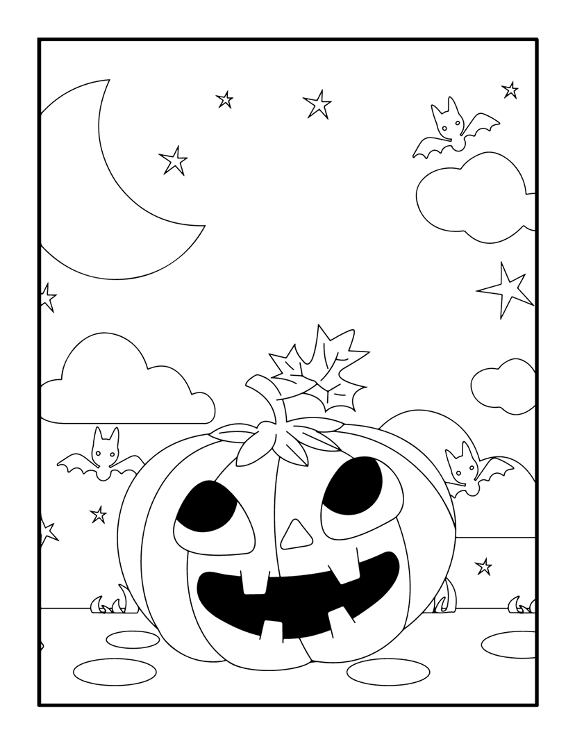 Halloween pumpkin coloring page featuring a carved jack-o'-lantern, silhouetted bats, and a crescent moon with stars.
