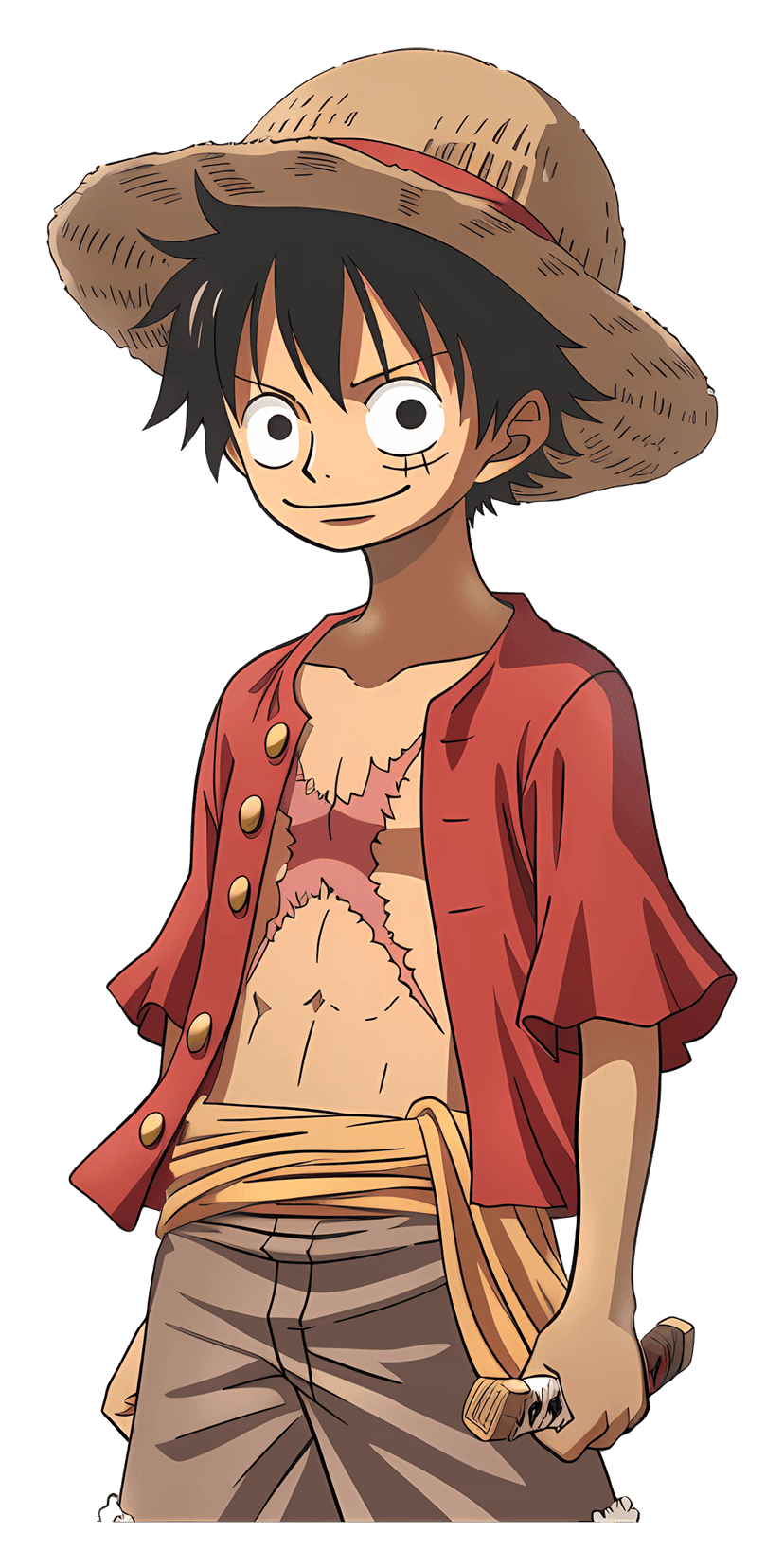 Straw hat pirate character wearing a bright red vest and black shorts against a transparent background.