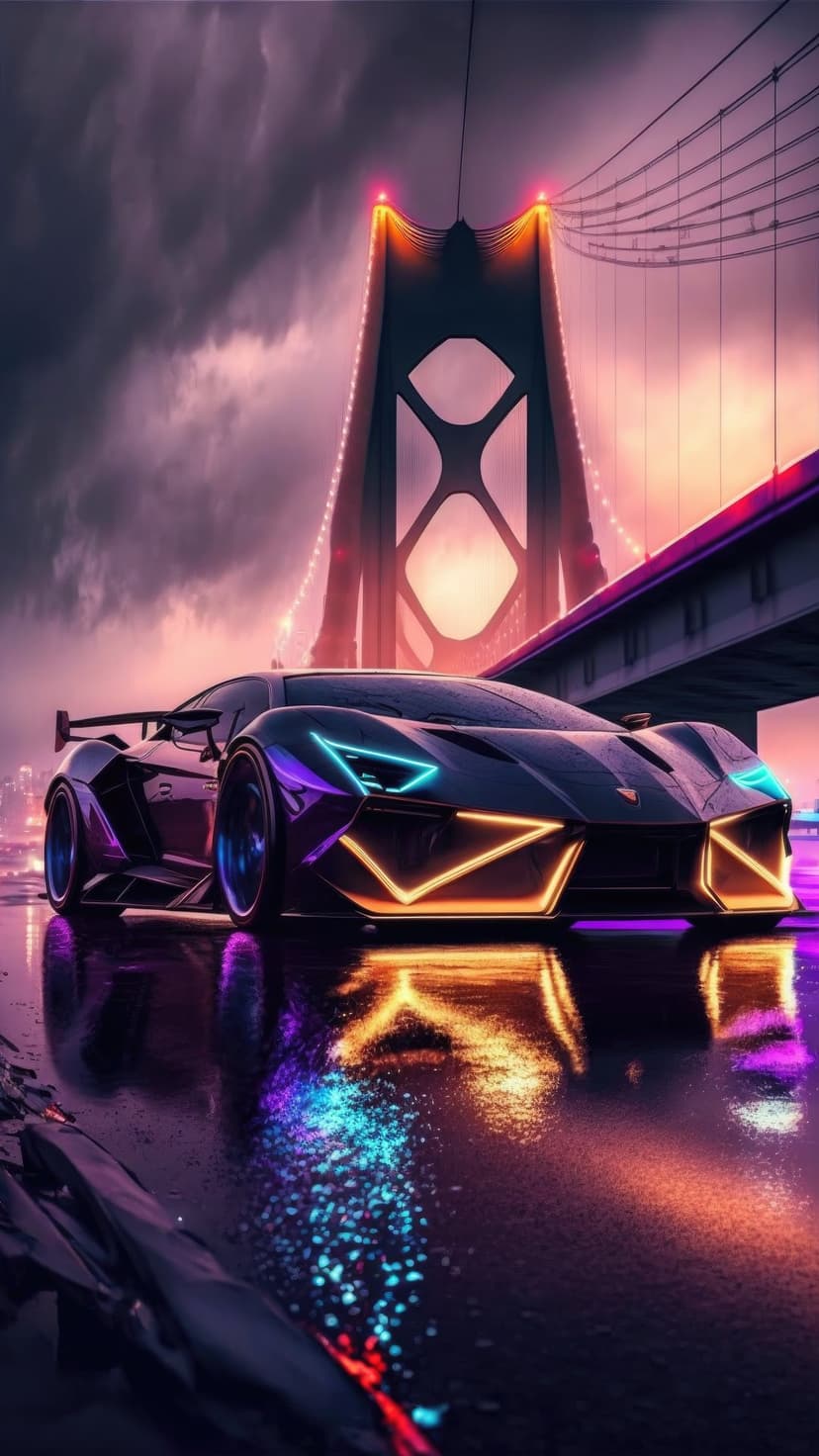 Cyberpunk supercar with purple glowing accents sits on a wet bridge under a dark suspension cable at night.