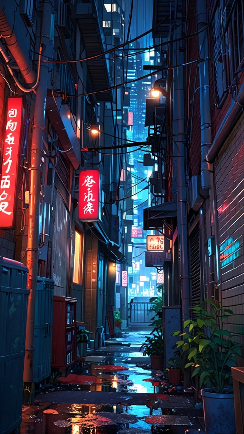 Neon-lit narrow city alleyway with glowing red and blue signs reflecting on rain-slicked asphalt at night.