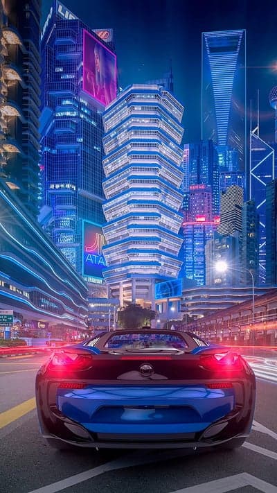 Neon City Sports Car Night Scene Mobile Wallpaper