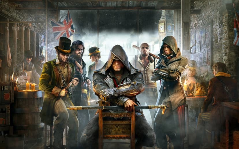 Jacob Frye sits with a cane sword in a Victorian pub with Evie Frye and Big Ben visible in the background.