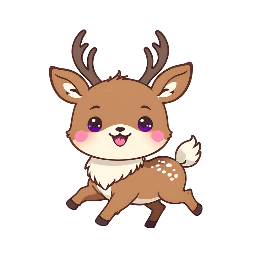 Brown deer sticker graphic depicting a fawn running forward with purple eyes, white spots, and a thick outline.